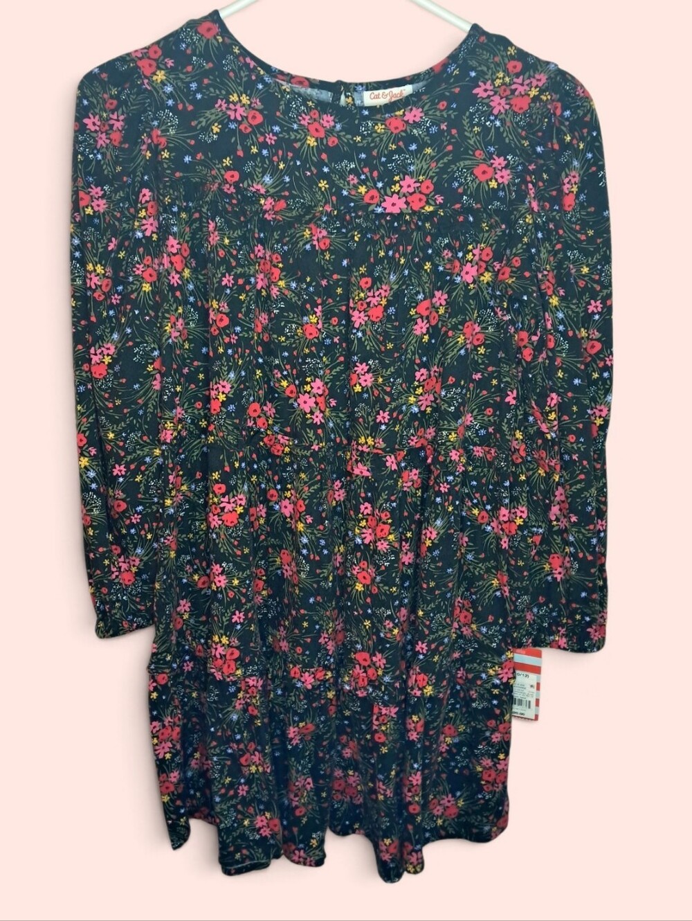 Cat & Jack Black & Pink Floral Long Sleeved Dress Size 10/12